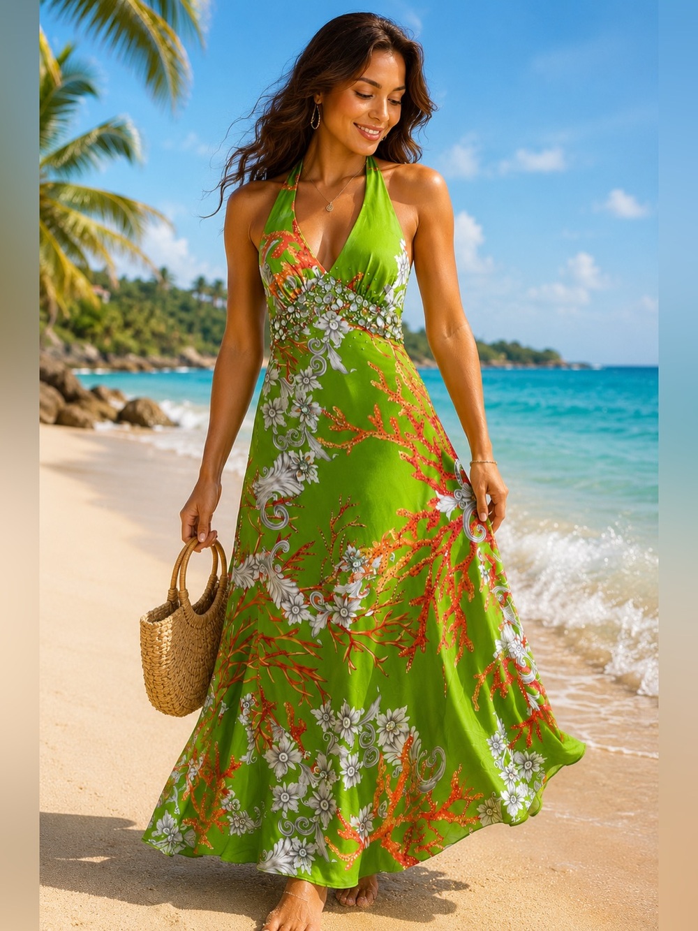 Mary L Couture 100% Silk Green Floral and Orange Coral Deep V Embellished Maxi